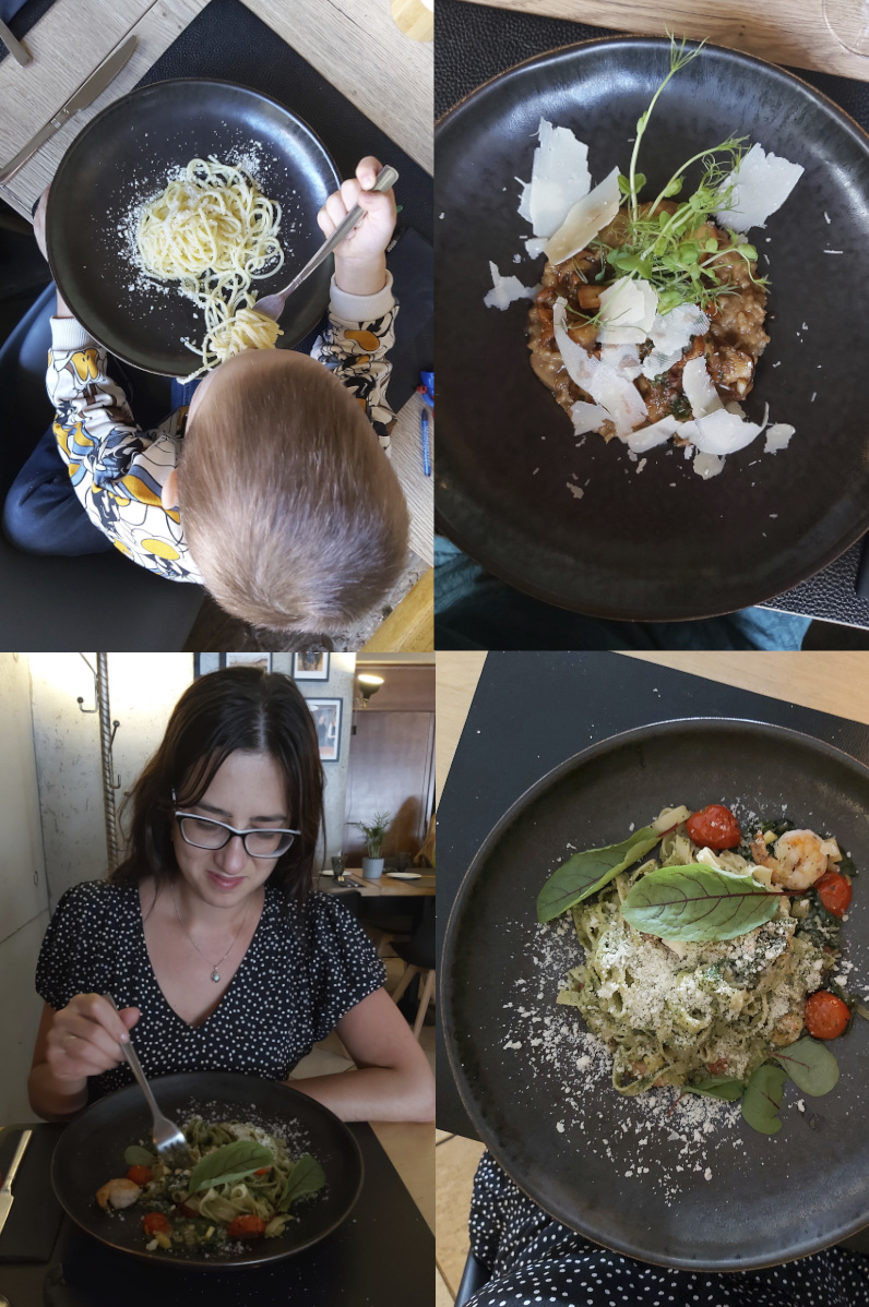 Emilio: 1. makaron z masłem i parmezanem, 2. risotto z grzybami, 3. i 4. tagliatelle z krewetkami w domowym pesto z bazylii 