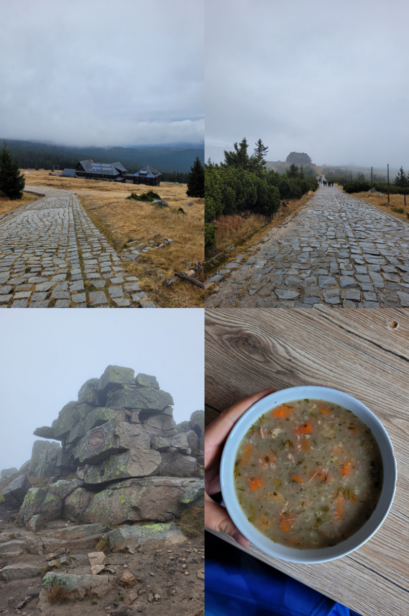 Czerwony szlak na Szrenicę: 1 Schronisko na Hali Szrenickiej | 2 Schronisko górskie na Szrenicy | 3 Szrenica | 4 Krupnik w schronisku