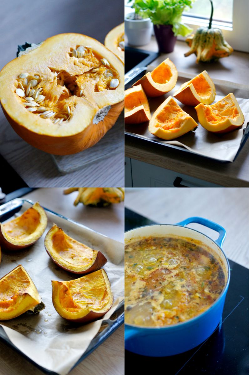 Zupa krem z pieczonej dyni podana z pieczonym ziemniakiem