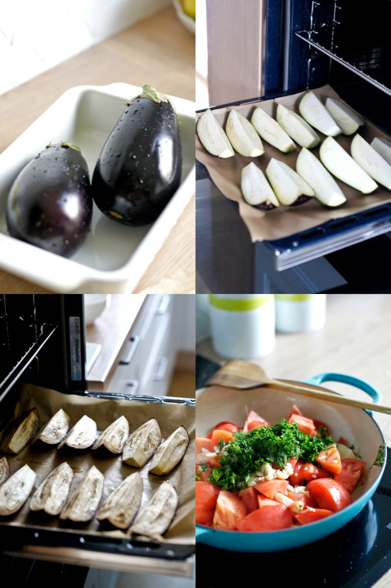 Pieczony bakłażan w sosie pomidorowym, podany z ryżem