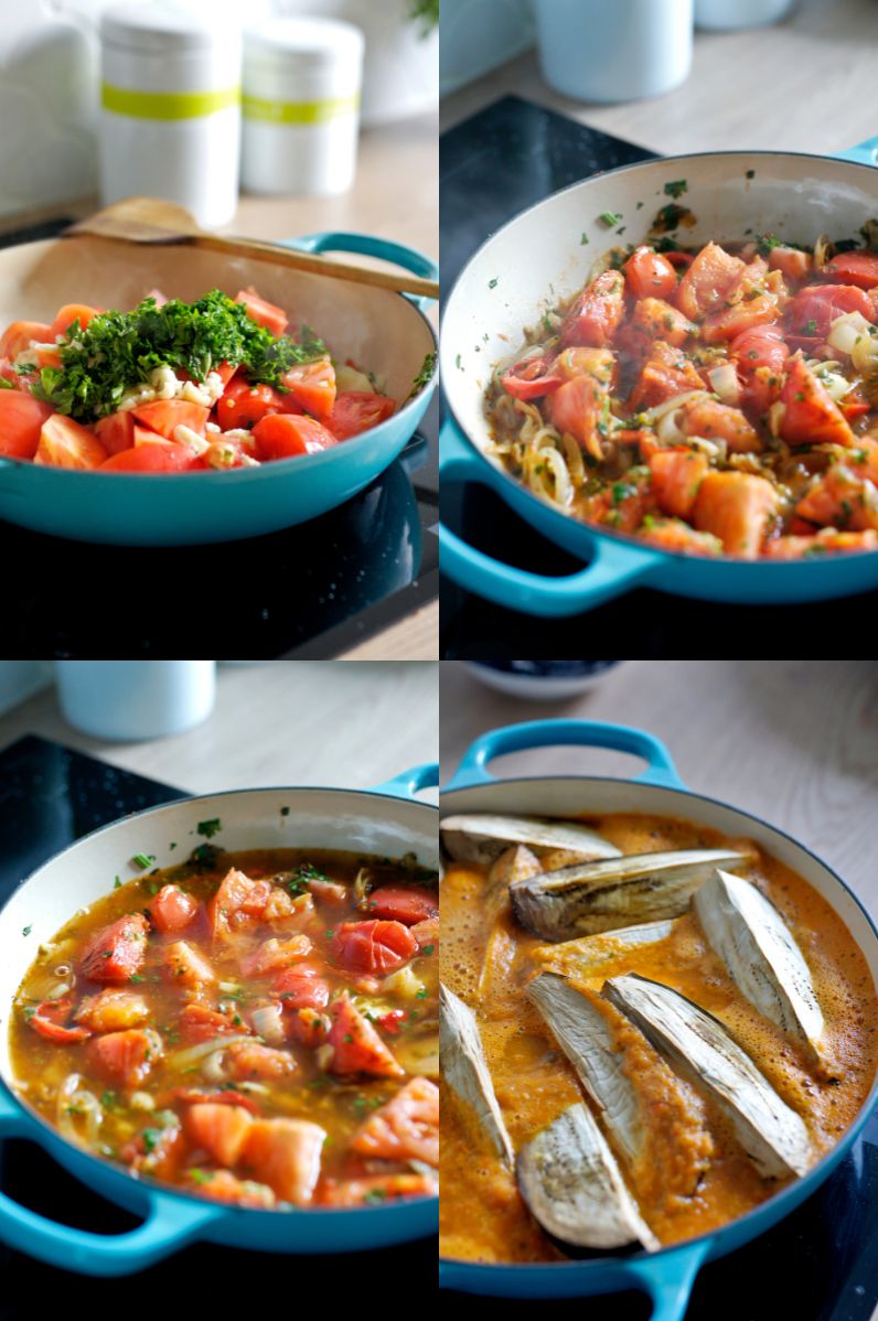 Pieczony bakłażan w sosie pomidorowym, podany z ryżem