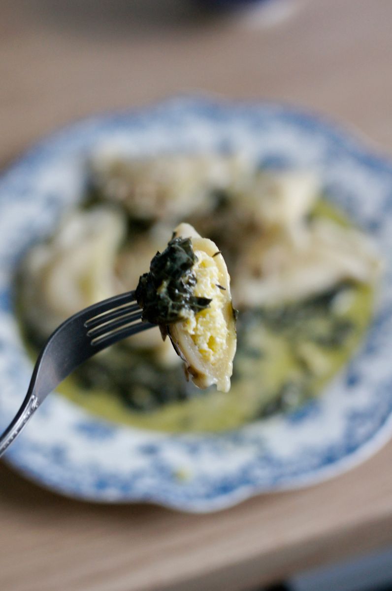 Pierogi z farszem z dyni makaronowej i ricotty, podane z sosem szpinakowo-kokosowym