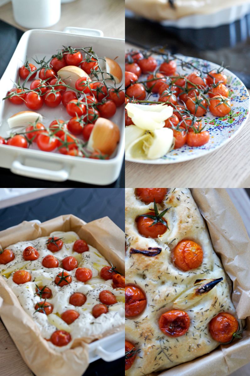 Focaccia z pieczonymi pomidorkami koktajlowymi i cebulą