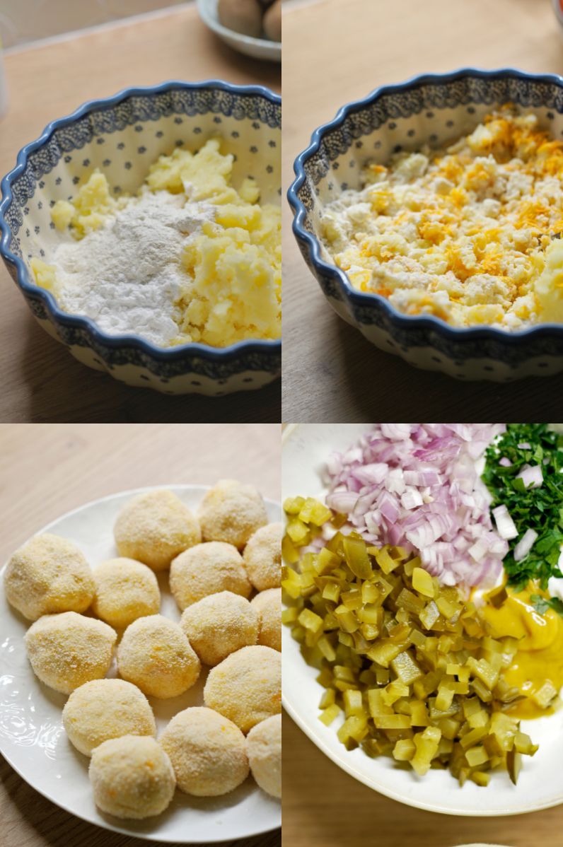 Smażone kulki ziemniaczane z serem mimolette podane z sosem jogurtowo-musztardowym