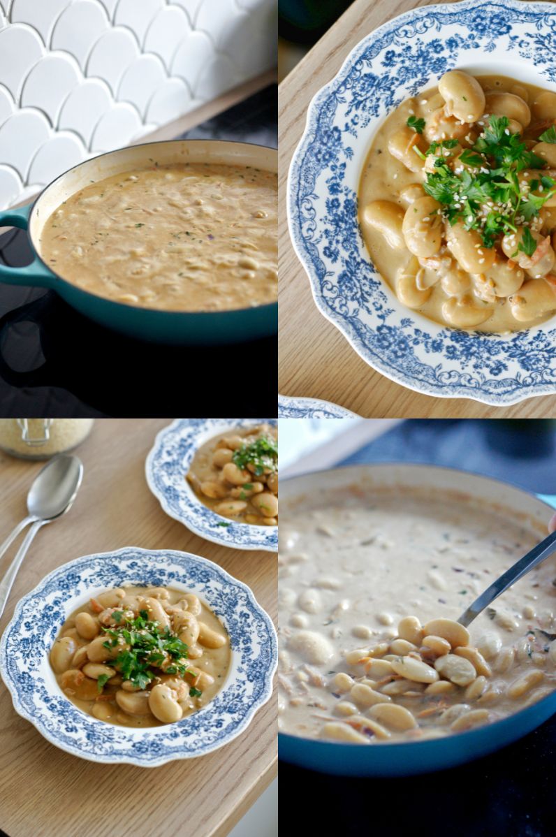 Kremowa biała fasola duszona w sosie z mleczka kokosowego z dodatkiem pasty miso i masła z orzeszków ziemnych