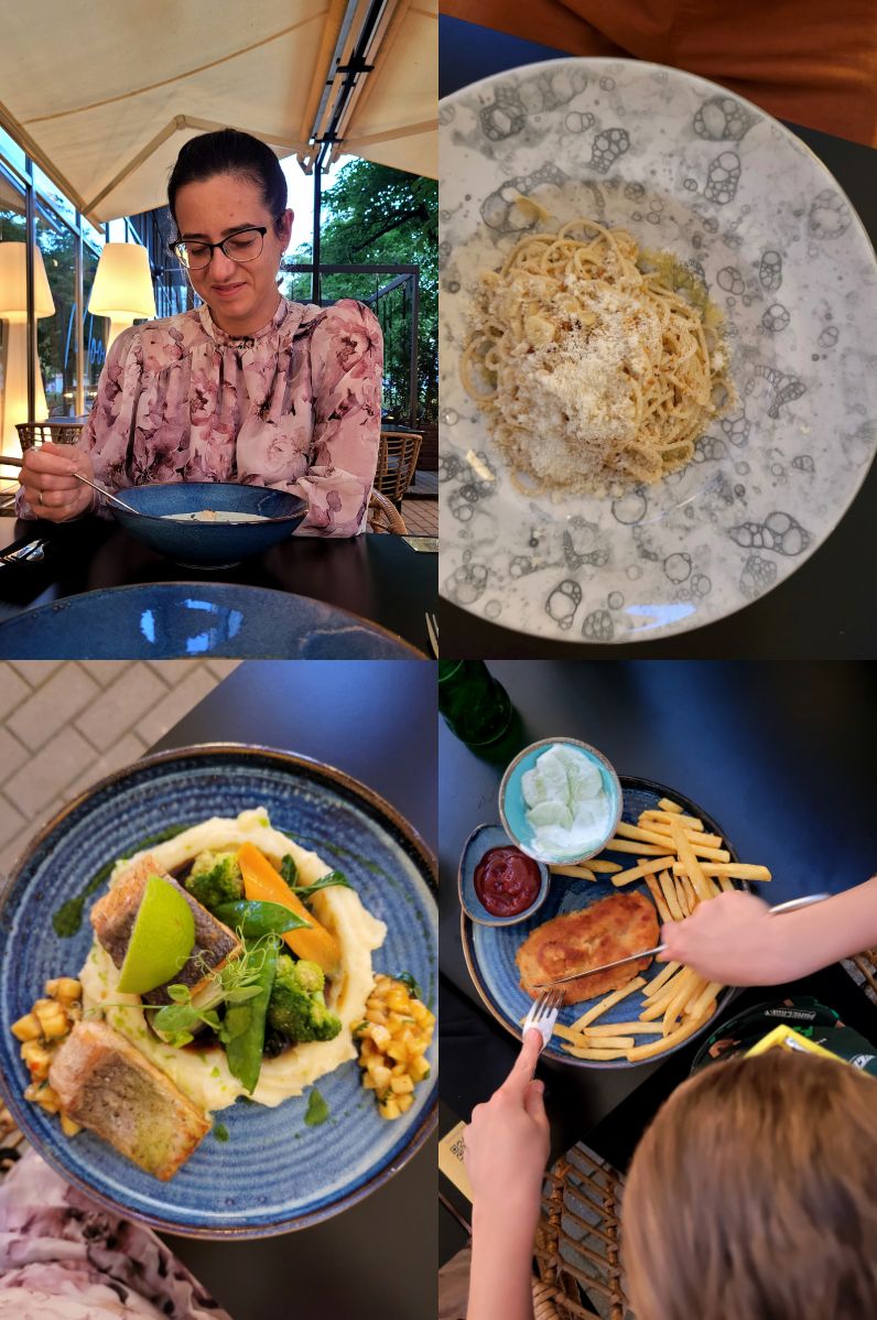 Gdzie zjeść w Warszawie? Moonsfera Restaurant: 1. Chłodnik z ogórka | 2. Spaghetti aglio olia e peperoncino | 3. Stek z łososia na kremie z ziemniak | 4. Filecik z kurczaka