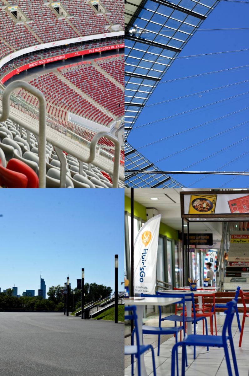 Gdzie zjeść w Warszawie? Warszawa: 1. PGN Narodowy - trybuny piłkarskie | 2. PGN Narodowy - widok na zadaszenie stadionu | 3. PGN Narodowy - widok na Warszawę | 4. ARKADA Centrum Handlowe
