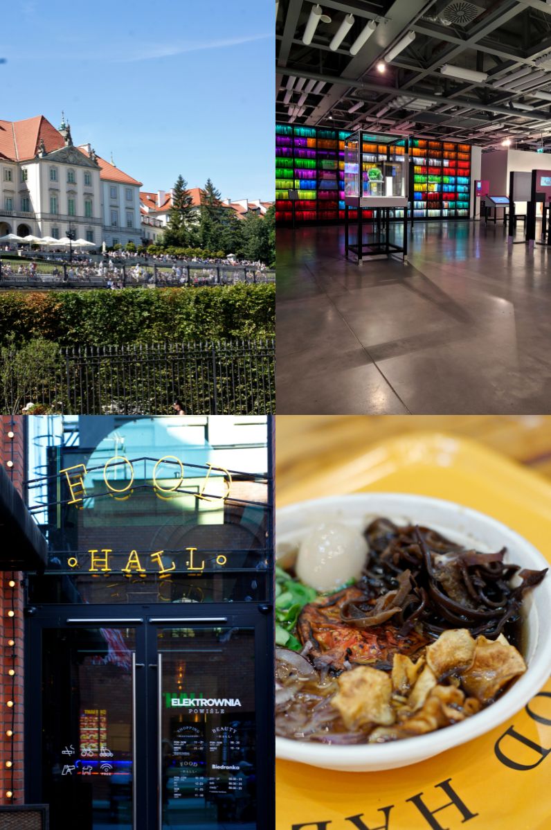 Gdzie zjeść w Warszawie? Warszawa: 1. Widok na ludzi w Ogrodach zamkowych obserwujących defiladę | 2. Centrum Nauki Kopernik | 3. Food Hall Elektrownia Powiśle | 4. Ramen z pieczonym pomidorem i jajkiem